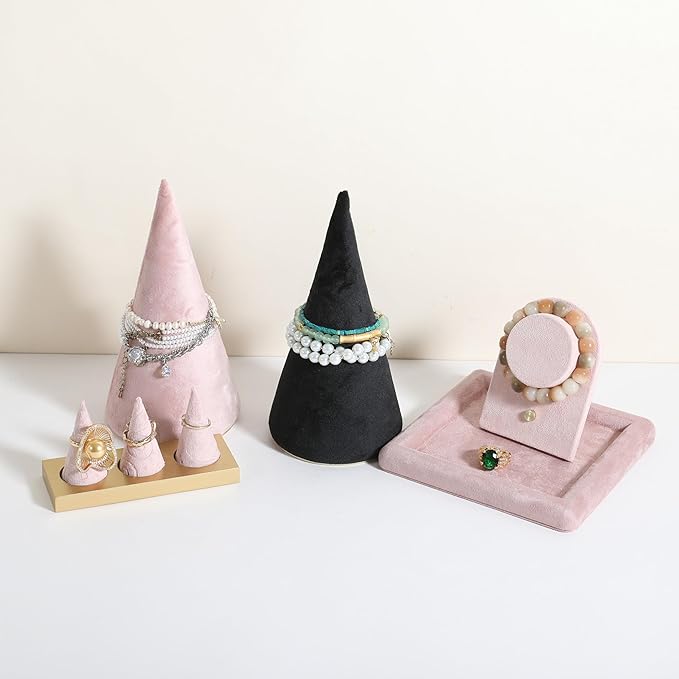 GemeShou Velvet bracelet display stand for selling, black jewelry bangle holder with golden base, felt bracelet storage organizer for nightstand home decor【Bracelet holder-black】