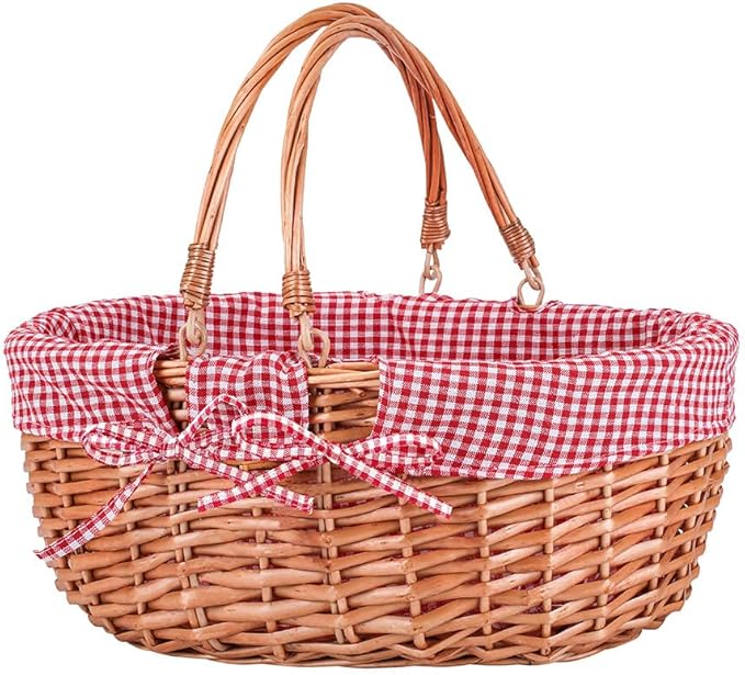 Large Wicker Picnic Basket with Handles,Handle Sturdy Woven Body with Removable and Washable Lining,Outdoor Camping,Gift Packing,Garden Picking, Storage.red