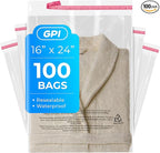 100 Count - 16" x 24" Extra-Large Self Seal Poly Bags with Suffocation Warning, 1.5 Mil, Clear Polybags with Resealable Adhesive Strip for Shipping & Packaging Clothing, T Shirts & Sweaters. GPI