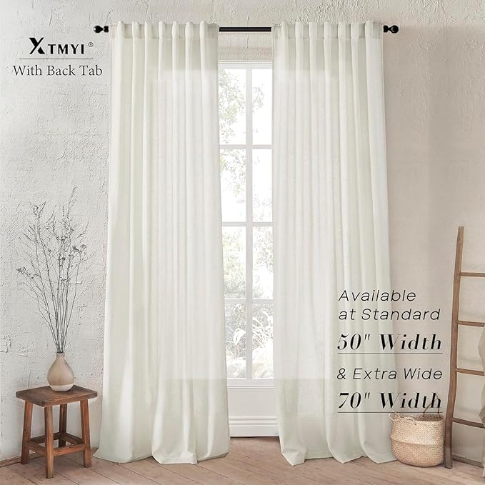 XTMYI 105 Inch Curtains 2 Panels Set Custom Length Back Tab Linen Window Sheer Curtain Drapes for Living Room Bedroom,50x105 in Long,Cream(Ivory/Off White)
