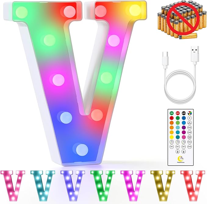 mooncow Rechargeable Light Up Letters,Colorful Marquee Letters with Remote,Gift Wrap Gifts,Bedroom Home Bar Party Decor (V)
