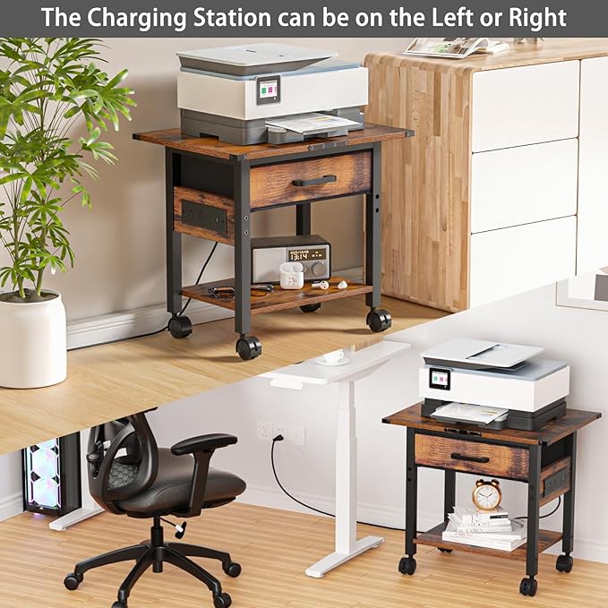 Lerliuo Under Desk Rolling Printer Stand with Charging Station and USB Ports, 2-Tier Printer Table Desk with Fabric Drawer, Printer Cart Holder with Lockable Wheels for Home, Office (Brown)