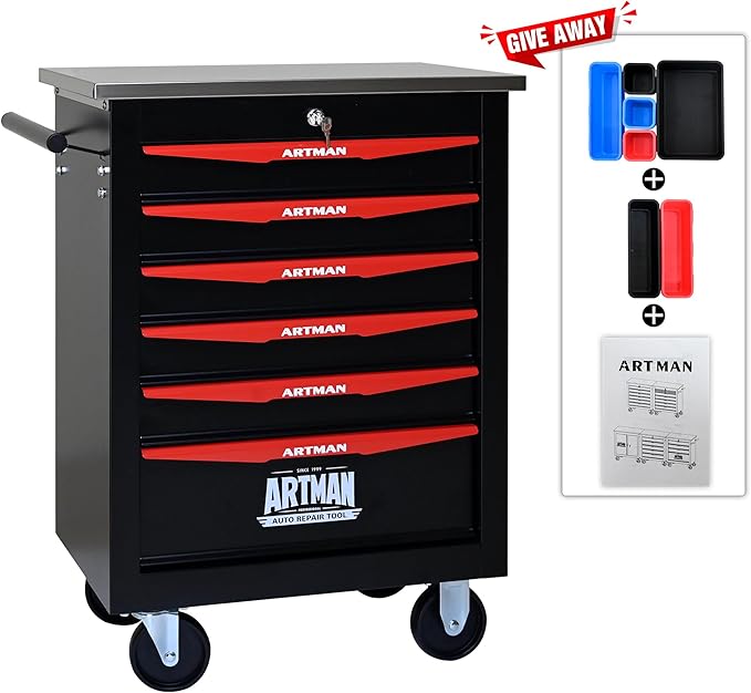 6 Drawer Rolling Tool Chest with Locker, 22.2" D Metal Movable Lockable Tool Cart Box Multi-Functional Hardware Storage Cabinet Box for Warehouse Basement Home Pantry Garage