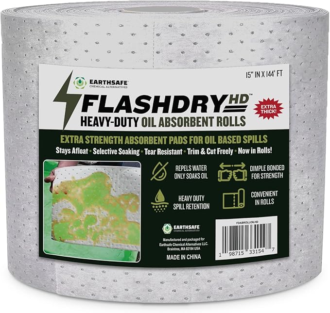 FLASHDRY Heavy Duty Oil Absorbent Roll - 300GSM/4mm (15" x 144 ft) - Oil-Only Spill Pads for Garage, Marine, Automotive & Industrial Use - Fast Absorbing, Unsinkable Oil Spill Pads, Cut to Size