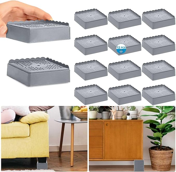 Bed Risers 1 inch, 2 inch, 3 inch, 4 inch Heavy Duty, Adjustable Furniture Riser for Table Desk Couch Sofa Chair Recliner Leg Frame Dorm, Stackable Bed Raisers Blocks (Grey 12 Pack, 1 inch)