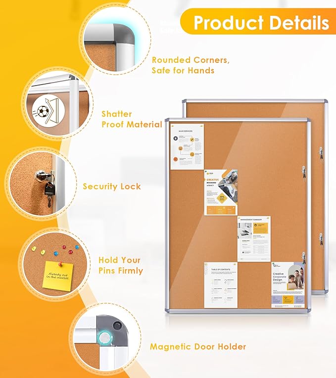 SWANCROWN Enclosed Bulletin Board 48x36 in, Tamperproof Lockable Cork Board Wall Display Case with 2 Locks for Office School Home, Aluminum Frame, Pack of 2