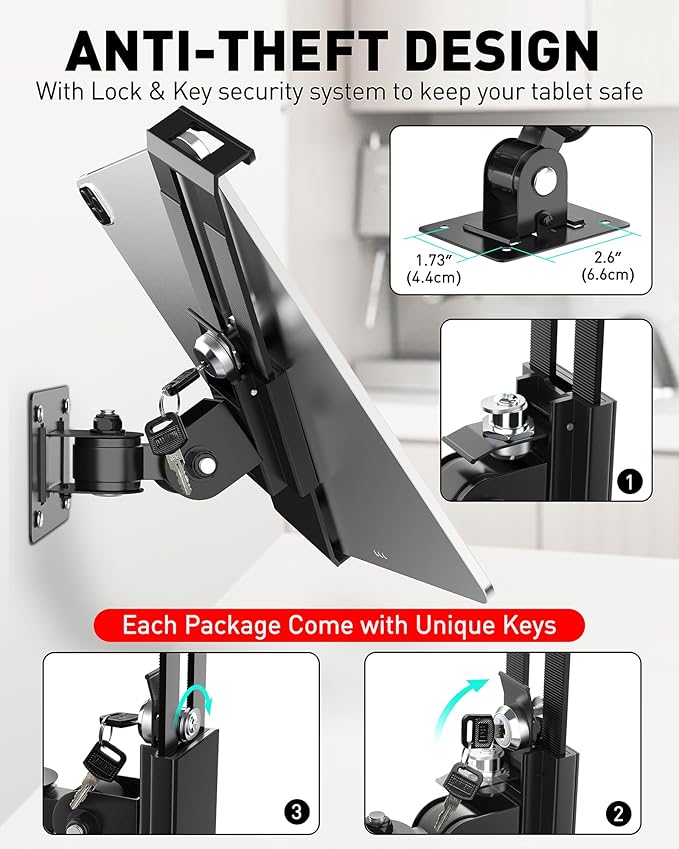 AboveTEK Tablet Wall Mount -360° Rotation iPad Wall Holder for Retail & Business, Anti Theft iPads Stand Fits 7"-11" Tablets Including iPad Pro/Air/Mini, Galaxy Tab - Security Lock & Key - (Black)