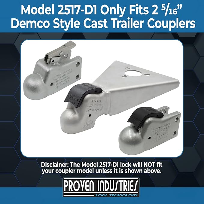 Proven Industries 2517-D1 Trailer Lock – Fits 2 5/16-Inch Demco Cast Couplers, Heavy-Duty Security, Unique Key Design, Made in USA, Blue