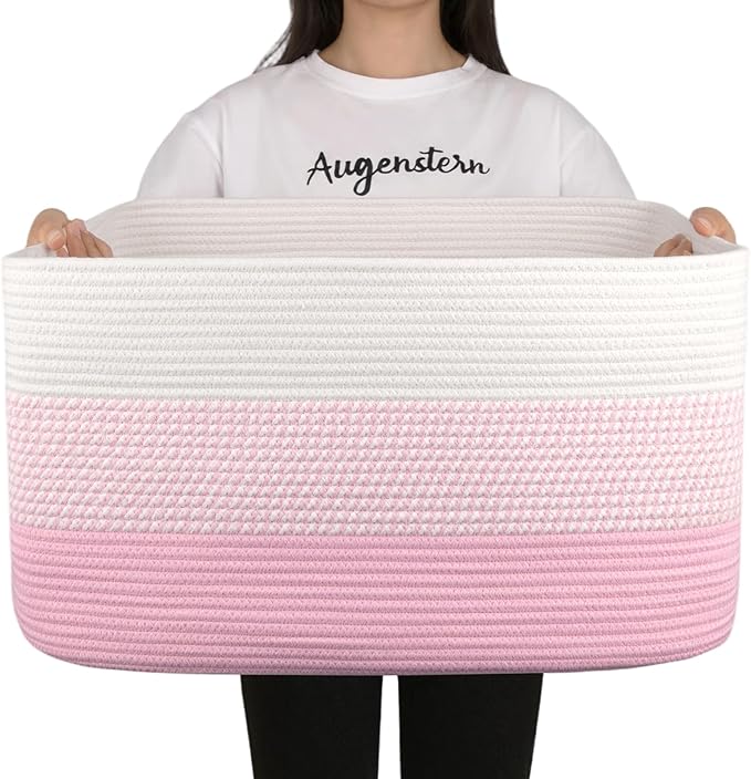 OIAHOMY Large Blanket Basket, 22”x17”x12” Rectangle Woven Baskets, Nursery Blanket Storage Living Room, Toy Storage with Handle, Large Baskets for Organizing - Pink/White