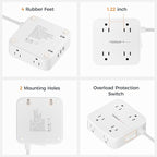 TESSAN Flat Plug Extension Cord, 5 Ft Surge Protector Power Strip with 3 USB (1 USB C) 8 Outlets, 900J Surge Protection, 3 Sided Outlet Extender with Power Switch for Dorm Room Essentials, White