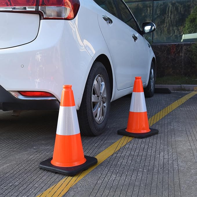 6 Pack 18" Inch Orange PVC Traffic Cones with Heavy-Duty Base, High-Visibility All-Weather Safety Cones for Road Construction, Parking Lot, and Garage Use (6, Orange, 18" Medium)