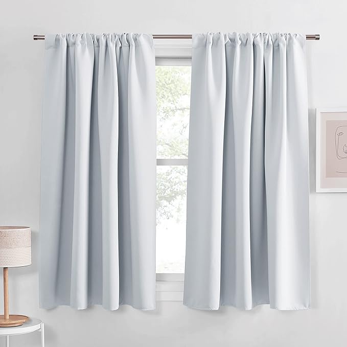 PONY DANCE 54 inch Length Curtains - Room Darkening Kitchen Solid Thermal Draperies Rod Pocket Short Panels Drapes for Bedroom Window Treatments, 42 W by 54 L, Greyish White, Set of 2