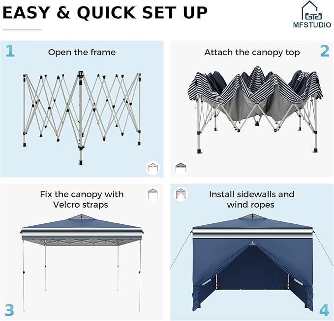 MFSTUDIO 10x10 Pop Up Canopy Tent with Removable Sidewalls, Outdoor Enclosed Instant Portable Shelter with Breathable Mesh Windows, One Person Setup, Blue Stripe