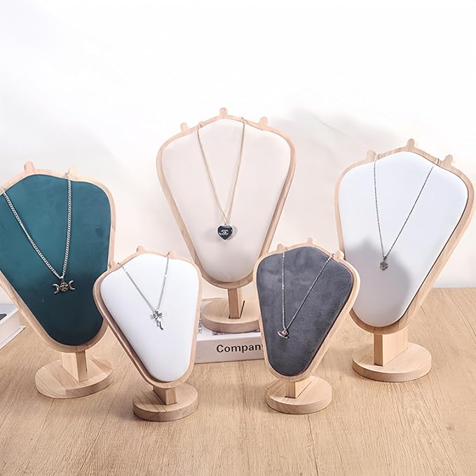 Natural Body Wood Necklace Display Stand with White Leather Soft Mat Necklace Holder Organizer Desktop Stand for Home Store Dresser-4.45"x8.4"x12"