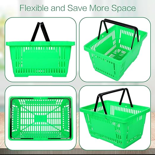 12 Pcs Shopping Baskets 20 L Plastic Store Retail Baskets with Handles 16.9 * 11.8 * 9.1 Inches for Market Grocery Supplies Thrift Convenience Storage(Green)