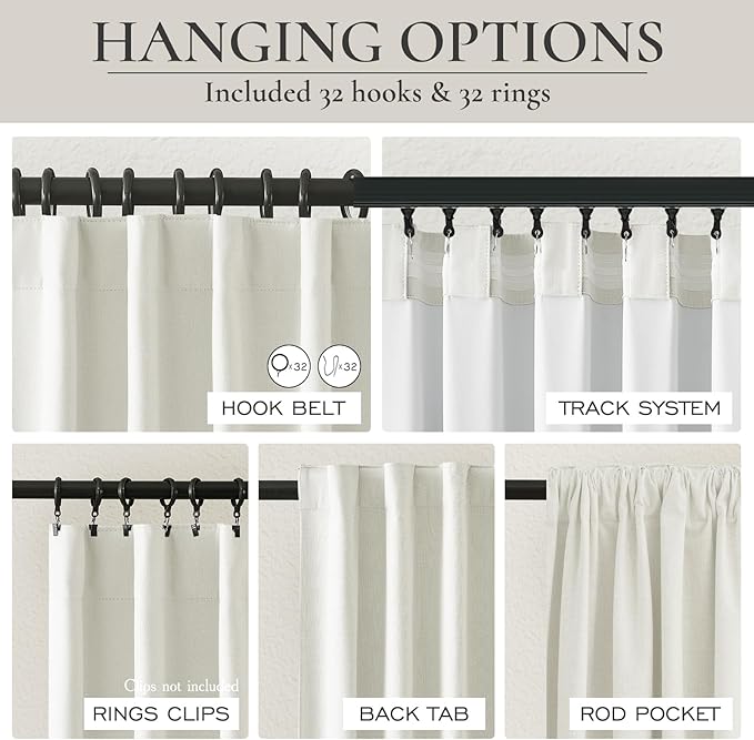 Beige White Room Darkening Curtains 72 Inches Long 2 Panels Burg, Linen Heavy Insulated Bay Window Curtain Modern Neutral Drapes for Bedroom/Cabin/Kitchen (W50" x L72"Tall) 6FT Length Hook Belt