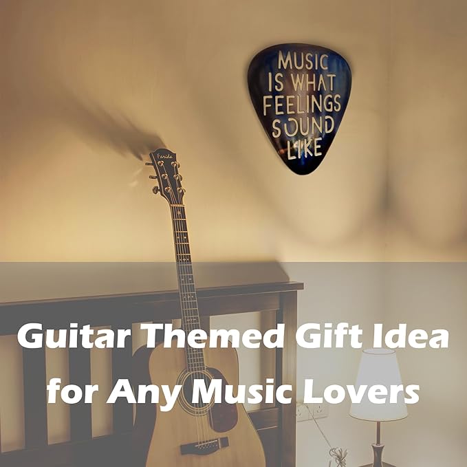 AZEZO Metal Guitar Pick Décor, 12’’x10’’ Music Wall Art, Stainless Guitar Wall Art, Featuring ‘Music Is What Feelings Sound Like’