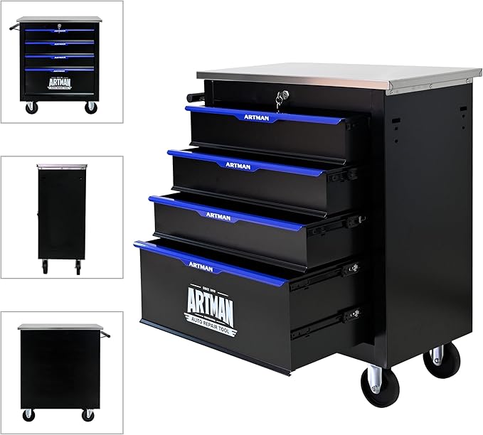 4 Drawer Rolling Tool Chest with Locker, 25.9" D Metal Movable Lockable Tool Cart Box Multi-Functional Hardware Storage Cabinet Box for Warehouse Basement Home Pantry Garage