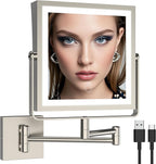 Ruacq Rechargeable Wall Mounted Makeup Mirror with Lights, Double Sided 1X/10X Magnifying Vanity Mirror with 3 Color Light, Touch Screen Dimmable, 360° Rotation Extension Foldable Arm(Brushed Nickel)