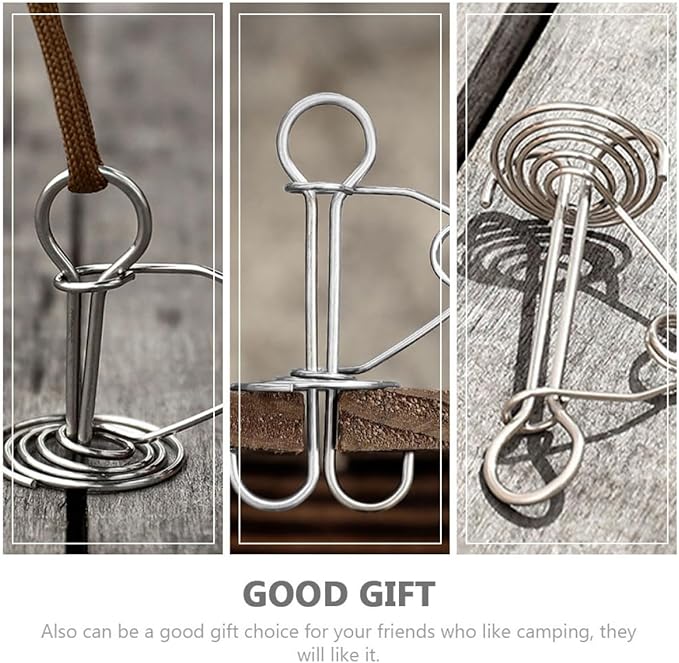 Mikinona 5Pcs High-Strength Tent Deck Pegs with Spring Buckles Silver Stainless Steel Tent Anchor Hooks for Secure Wind-Resistant Camping Canopy and Awning Fixing
