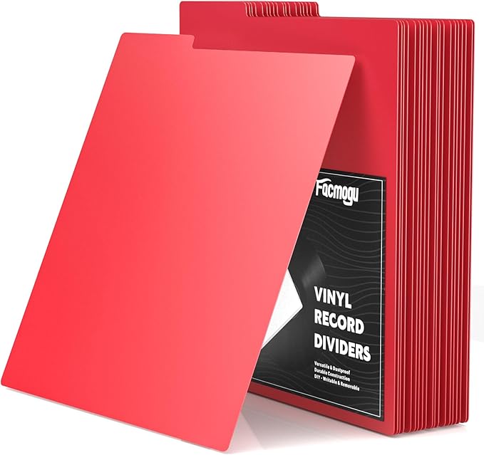 Facmogu 20PCS Vinyl Record Dividers, Upgrade Thicker Vinyl Record Separators, 33RPM Plastic Vinyl Record Divider Card, Blank Writable DIY Vinyl LP Album Separators for Vinyl CD, DVD Organization - Red