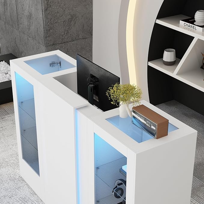 Reception Desk with Counter, 59.1 inch Front Desk with LED Light & Glass Display Shelf, Reception Room Table with Cable Grommet, Retail Counter Salon Reception for Checkout, White