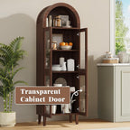 71” Tall Arched Pantry Cabinet with Glass Door, Display Cabinet Organizer, Versatile Pantry with Top-Opening Storage Container for Living, Kitchen Dining Room, Brown