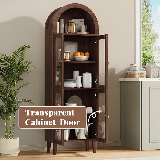 71” Tall Arched Pantry Cabinet with Glass Door, Display Cabinet Organizer, Versatile Pantry with Top-Opening Storage Container for Living, Kitchen Dining Room, Brown