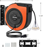 DEWENWILS Retractable Extension Cord Reel, 75 FT Heavy Duty Power Cord, 14/3C SJTOW, Lighted Triple Tap Outlets, 10A Circuit Breaker, Wall/Ceiling Mounted for Garage, Workshop, UL Listed