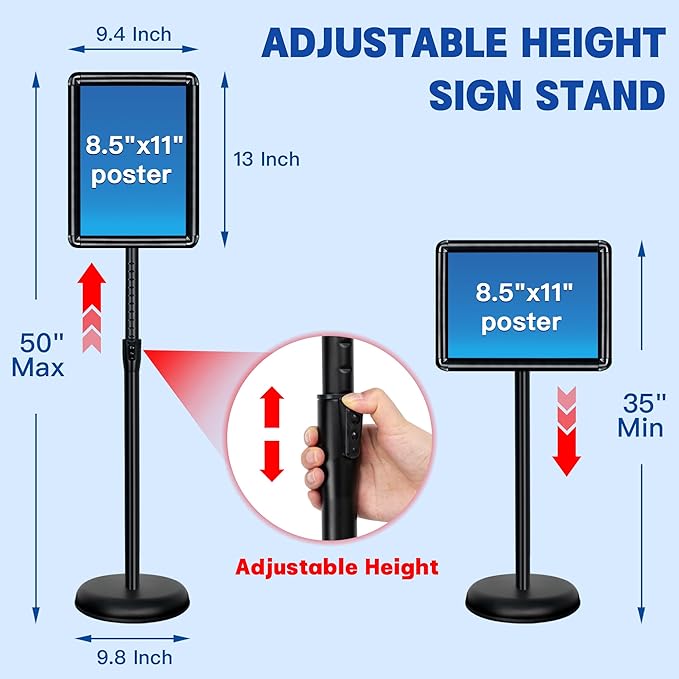 Sign Stand for Display - Adjustable 8.5x11 Inch Floor Standing Sign Holder, Pedestal Poster Stand for Vertical & Horizontal View, Indoor & Outdoor Use for Business, Mall, Restaurant - Black