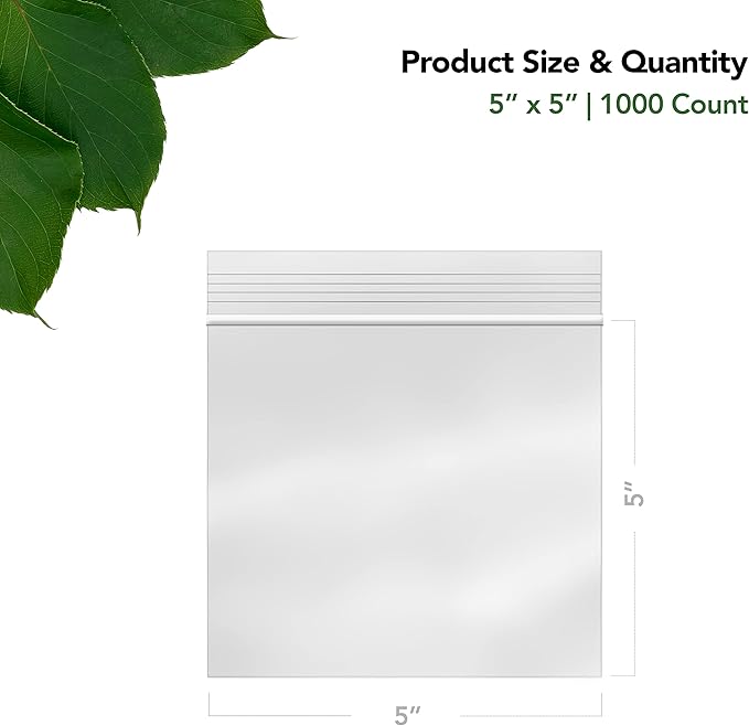 5 x 5 Inch Resealable Plastic Bags 1000 Pack — Clear Reclosable Snack Bags with Zipper Seal Top for Treats, Crafts, Small Parts, Storage