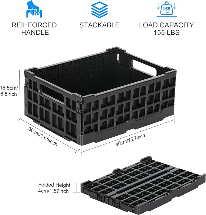4-Pack Heavy Duty Stackable Storage Crates Plastic Collapsible Milk Crate Garage Organizing Bins Storage Containers for Home Office Moving Supplies, Black