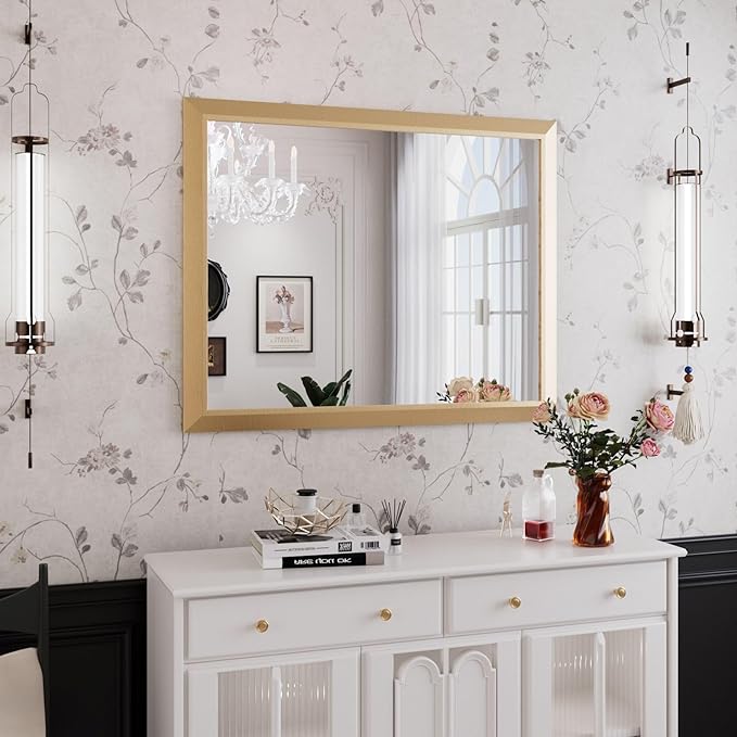 Amorho Bathroom Mirror, 40x32 Inch Golden Thick Metal Framed Wall Mirrors for Over Sink, Wall-Mounted Mirrors Perfect for Bedroom, Living Room, Entryway, Rectangle (Horizontal/Vertical).