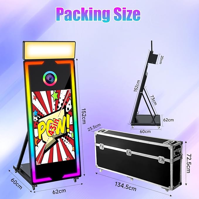 Magic Mirror Photo Booth 65" with 43" Touch Screen Selfie Mirror Photo Booth Machine with Flight Case, Mirror Photo Booth for Event Rental Wedding Party (65-43in White)