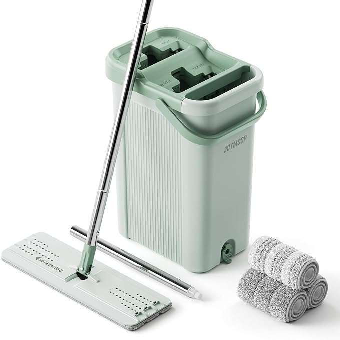 JOYMOOP 8L Large Capacity Flat Mop System (Light Green) with Extension Handle, Ideal for Floor, Window, and Wall Cleaning - Includes 3 Washable Microfiber Pads for Wet and Dry Use