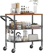WDT 3 Tier Rolling Carts with Wheels, Heavy Duty Rolling Utility Cart with Wood Tabletop, Commercial Grade Metal Cart with Handle and Hooks, NSF Storage Serving Carts for Kitchen Island, Wood+Metal