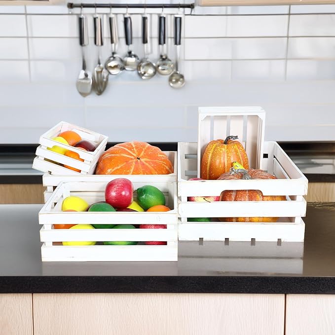 Large Wooden Crates, Set of 5 Wood Crates with Handles, Rustic Whitewashed Farmhouse Wooden Crate for Display, Wedding Birthday Home Party Living Room Kitchen Decoration