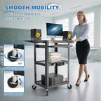 Large Steel AV Cart with Power Strip & Drop Leaves - Height Adjustable Metal Madia Cart with Wheels - Heavy Duty Rolling Computer Workstation for Laptop Projector Printer TV, Black (46" x 18")