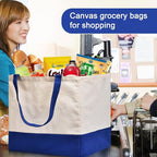 3 Pack Canvas Reusable Grocery Bags Heavy Duty, 8.3 gal Foldable Large Tote Bag with Handles, Holds 60 lbs Canvas Shopping Bags & Washable Eco-friendly Bags with 5 Pockets, Blue+Off White