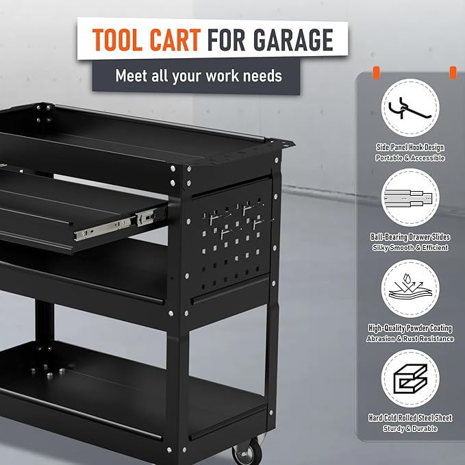 3 Tier Rolling Tool Cart, Heavy Duty Service Cart on Wheels for Mechanics,400 LBS Utility Cart with Drawers for Garage, Warehouse & Repair Shop (Black)
