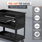 3 Tier Rolling Tool Cart, Heavy Duty Service Cart on Wheels for Mechanics,400 LBS Utility Cart with Drawers for Garage, Warehouse & Repair Shop (Black)