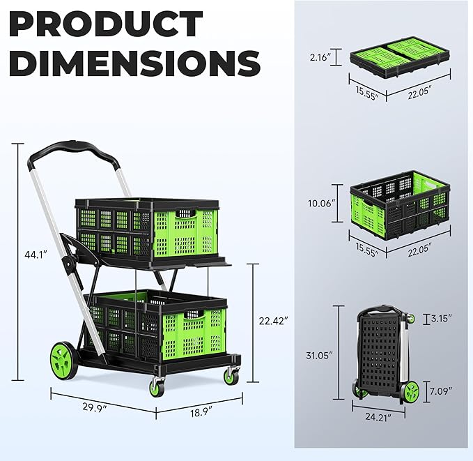 Collapsible Shopping Cart with Wheels, 8-in-1 200LBS Capacity Grocery Cart on Wheels with 2 Storage Crate, Folding Utility Cart for Shopping, Travel, Supermarket, Office, Green