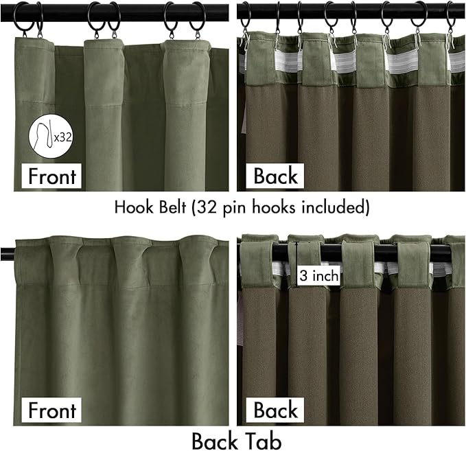MIULEE Sage Green Velvet Curtains 90 Inches Long 2 Panels Set for Bedroom, Pinch Pleat Back Tab Luxury Thermal Insulated Living Room Darkening Drapes Pleated Blackout Window Curtains with Hooks