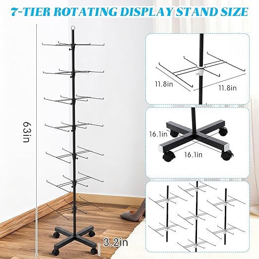 Ripeng 2 Pcs 7‑Tier Retail Display Stand – Rotating Display Rack with Wheels for Jewelry Keychains Socks Hats – Adjustable Movable Shop Spinner for Craft Shows Vendor Events & Stores Accessories,Black