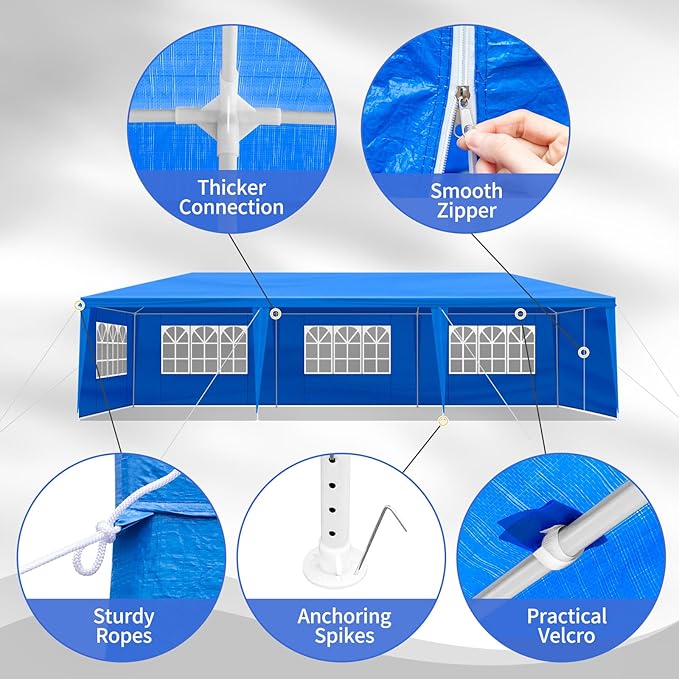 10x30 FT Party Tent, Outdoor Wedding Tents for Parties, Canopy Event Tent with 8 Removable Sidewalls, Waterproof Gazebo Shelter for Birthday Parties, Weddings, BBQs & Events (10X30FT-8Sides Blue)