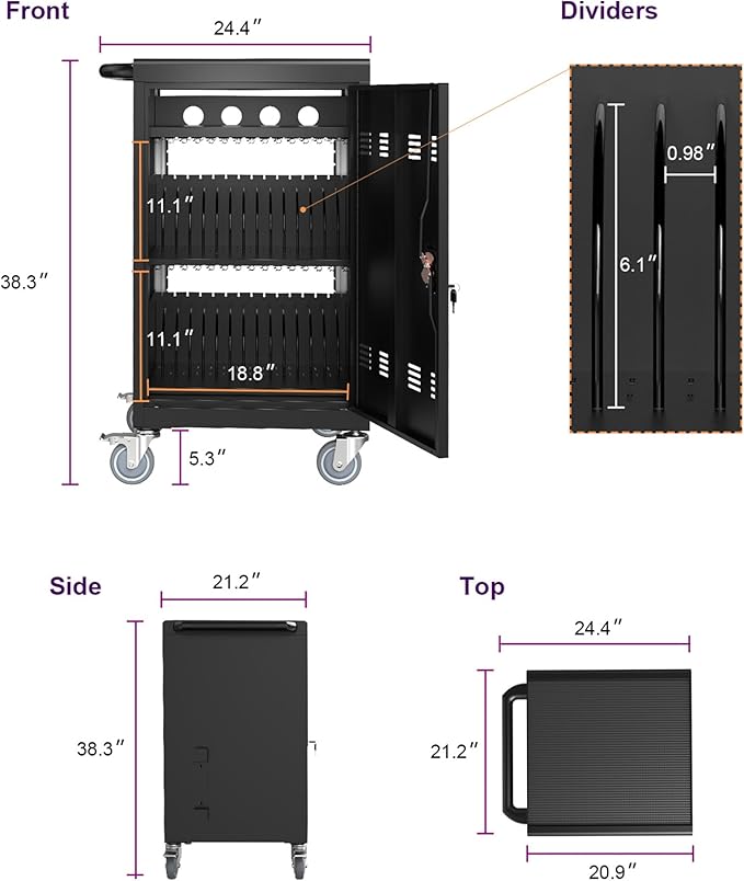 Laptop and Tablet Charging Cart, 32 Unit Device Mobile Charging Station for Chromebook, Tablet, Laptop, with Charging Port Screen Size Up to 16.3", Suitable for Office, Classroom, etc (Black)