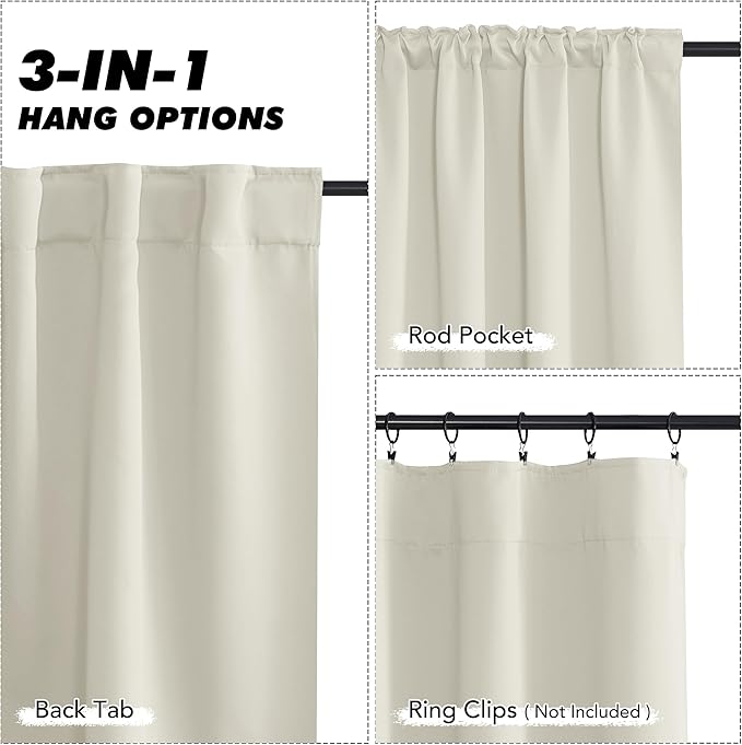KGORGE Room Darkening Curtains 54 inch Length, Privacy Thermal Insulated Noise Reducing Small Window Treatments for Bedroom Living Room, Back Tab Rod Pocket, 2 Panels, W52 x L54 inches, Beige