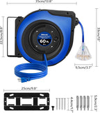 Retractable Cord Reel, 60 FT Heavy Duty Extension Cord, 12AWG/3C SJTOW, 3 Grounded Outlets Lighted Triple Tap, 15A Circuit Breaker, Wall/Ceiling Mounted, UL Listed, Blue U60CR06
