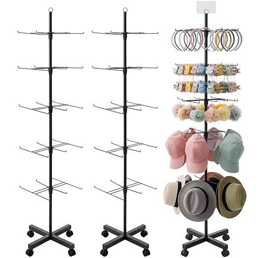 Ripeng 2 Pcs 5 Tier Retail Display Stand – Rotating Display Rack with Wheels for Jewelry Keychains Socks Hats – Adjustable Movable Shop Spinner for Craft Shows Vendor Events Stores Accessories, Black