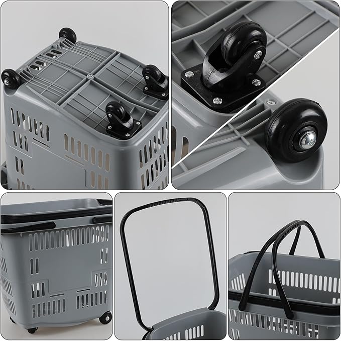 50 L Plastic Shopping Basket with Wheels, 4-Pack Large Rolling Shopping Basket with Handle, Grey